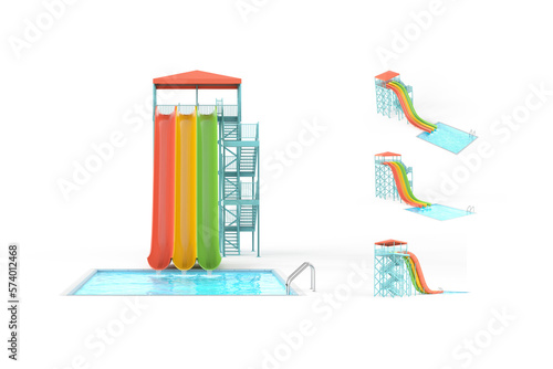 Blank colored multi-lane waterslide with swimming pool mockup, different views