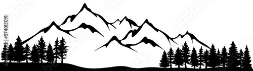 Black silhouette of mountains and fir trees camping landscape panorama illustration icon vector for logo, isolated on white background