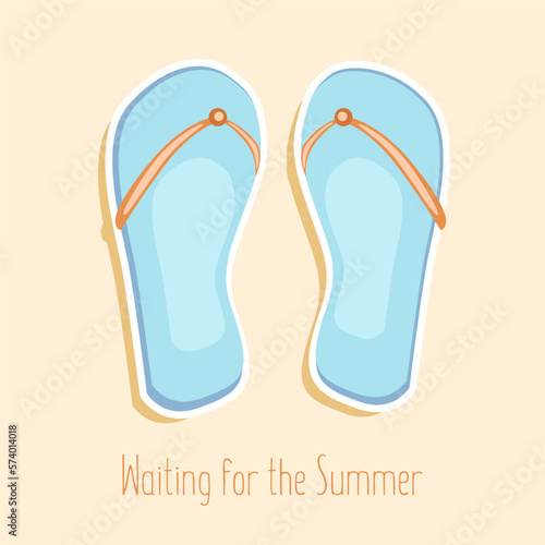 Summer flip flops. blue sandals standing on the beach sand with Waiting for the Summer phrase. Vacation logo, postcard, card, summer vector illustration.