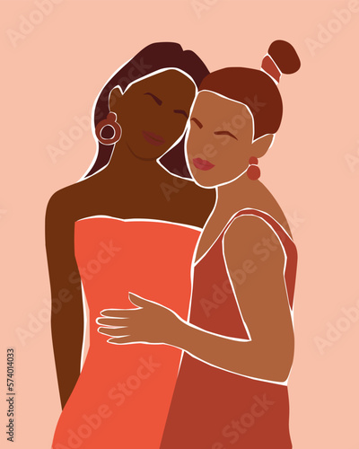 Abstract poster with a couple of girls. Beautiful women together. Vector graphics.