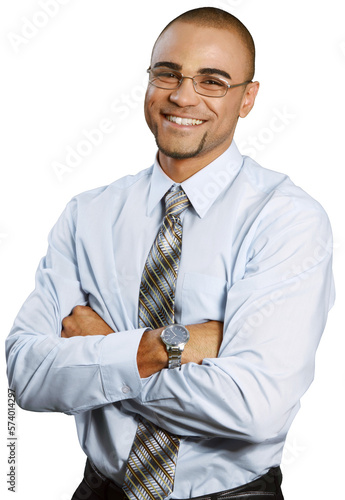 Photographie Smiling handsome businessman with crossed hands isolated on white