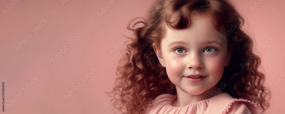 A fictional person, Portrait of a beautiful curly girl on pink background, Generative AI A fictional person, Portrait of a beautiful curly girl on pink background, Generative AI