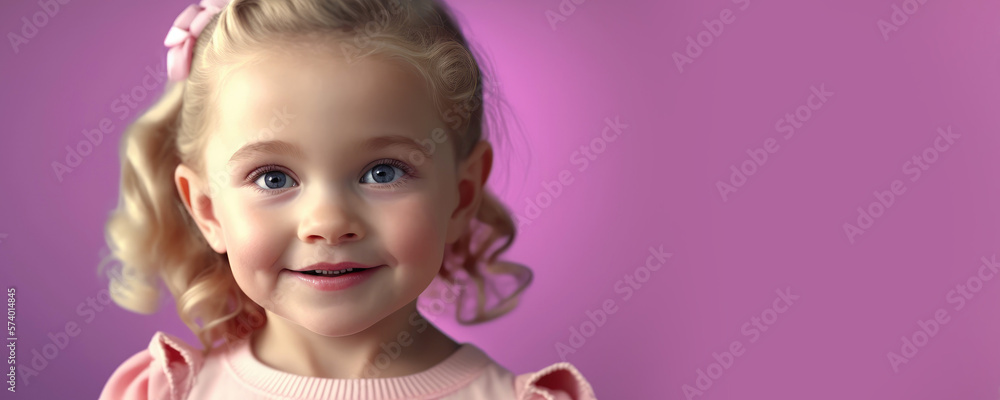 Fototapeta premium A fictional person, Portrait of a beautiful curly blondy girl on pink background, Generative AI