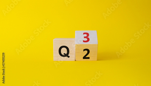 From 2nd Quarter to 3rd symbol. Turned wooden cube with words 2nd Quarter and 3rd Quarter. Beautiful yellow background. Business and Quarter concept. Copy space