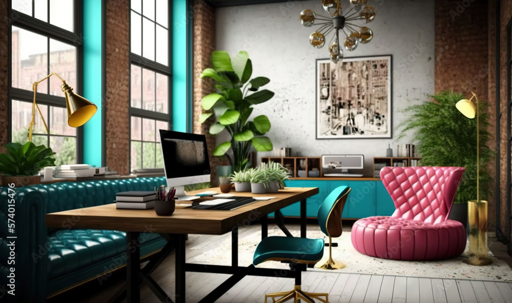 a room with a couch, a chair, a desk and a computer. generative ai a room with a couch, a chair, a desk and a computer. generative ai