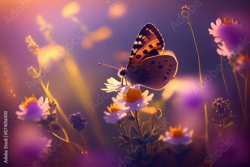 Purple butterfly on a background of wild white violet flowers. Created with Generative AI Technology