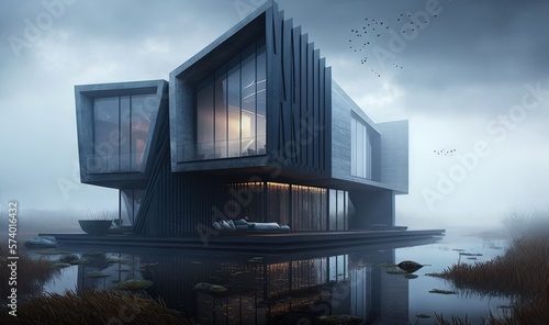  a building with a lot of windows and a body of water in front of it. generative ai