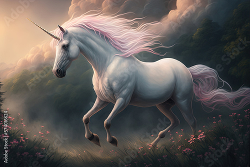 White unicorn horse walking on meadeow with flowers  mythology creature  generative AI