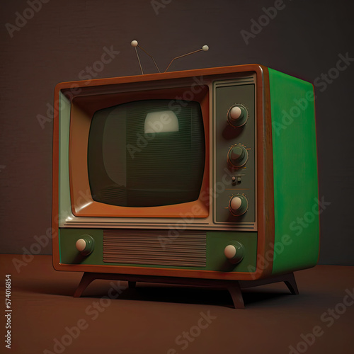 An old-fashioned brown color television with a green screen created using generative ai