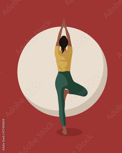 Black girl with brown hair doing yoga pilates gymnastics sport fitness in yellow top and green leggings in faceless style on dark red background with circle