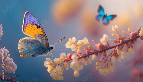 Butterfly in Flight and Flowering Apricot Tree Branch during Spring Sunrise created using generative ai © Creative Valley
