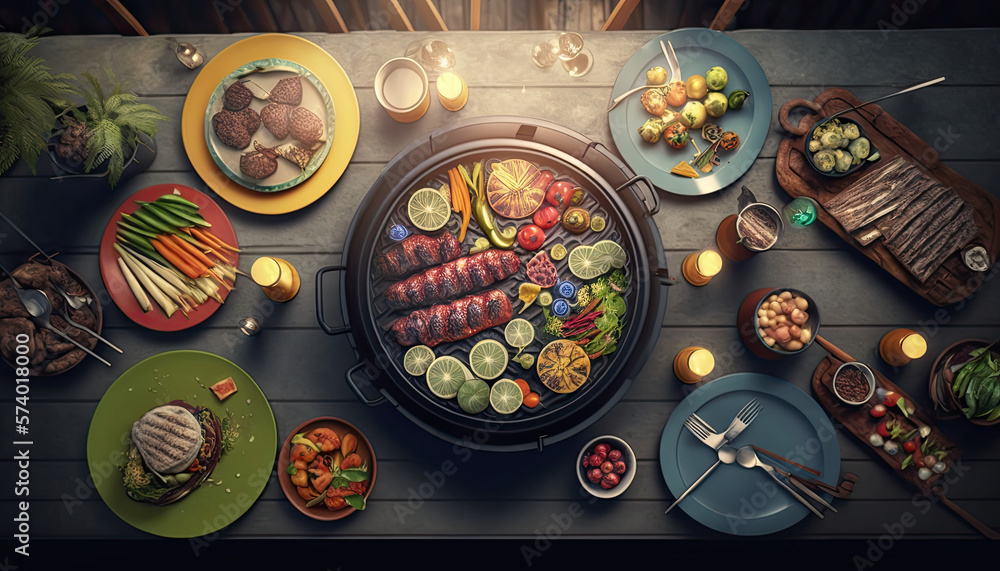 Outdoor Barbeque Party with Delicious Grilled Food and Top-View Party Table created using generative ai