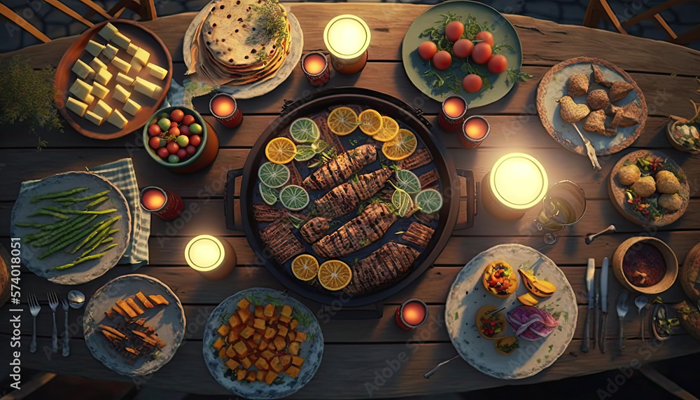 Grilling and Chilling at an Outdoor BBQ Party with Top View of the Festive Table created using generative ai