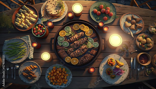 Grilling and Chilling at an Outdoor BBQ Party with Top View of the Festive Table created using generative ai