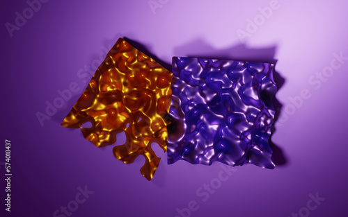 3d render illustration  glossy gold and violet foil squares on dark purple background. Abstract geometric shapes composition. Futuristic wallpaper. Shining textured metallic objects scene.