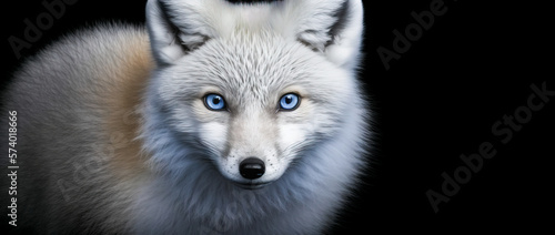 Photographie White arctic fox with blue eyes portrait, on black background