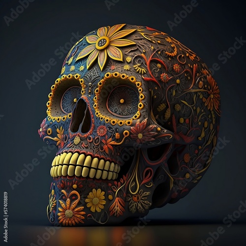 Mexican Sugar Skull . Calavera as a Joyful Tribute to Mexican Culture. Day of the Dead design.Vector illustration of an ornately decorated Day of the Dead. Beautiful abstract Human skull.Generative AI photo