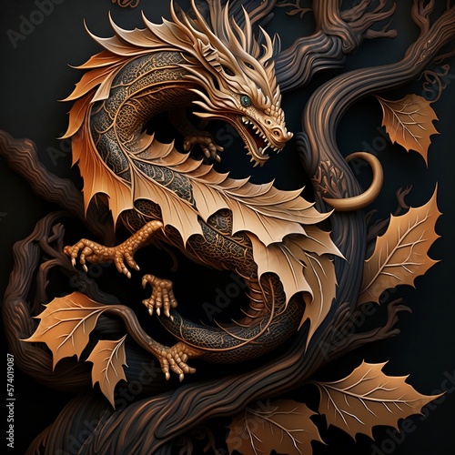 Oriental dragon with tree leaves, Generative AI.