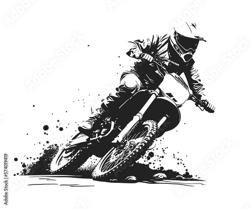 Motocross rider drive on roads full of dirt and mud. Vector line art