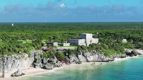 Aerial view of Mayan ruins and Tulum coast in Mexico.