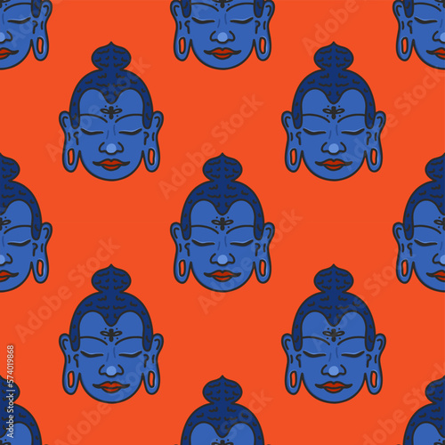 Krishna face, seamless pattern. Indian deity. Flat bright illustration in 60s psychedelic style. photo