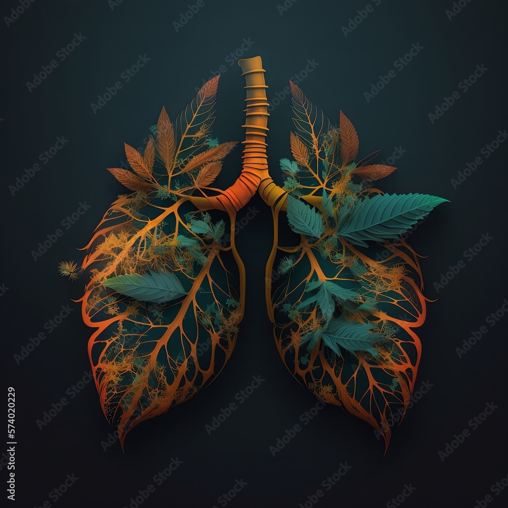 Anatomy of human lungs full of marijuana leaves. Concept of breathing