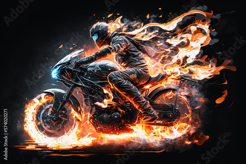 Valokuvatapetti Biker on a motorcycle or motorbike on fire