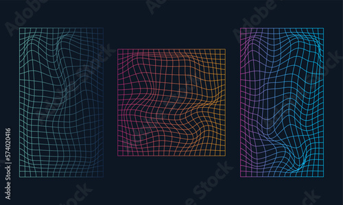 Set of distorted holographic pearly neon mesh.Retrowave, synthwave, rave, vaporwave.Trendy retro 1980s, 90s style
