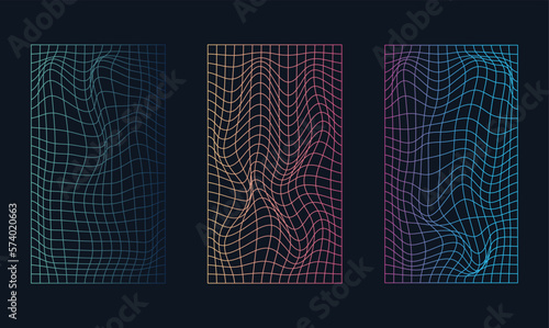 Set of distorted holographic pearly neon mesh.Retrowave, synthwave, rave, vaporwave.Trendy retro 1980s, 90s style