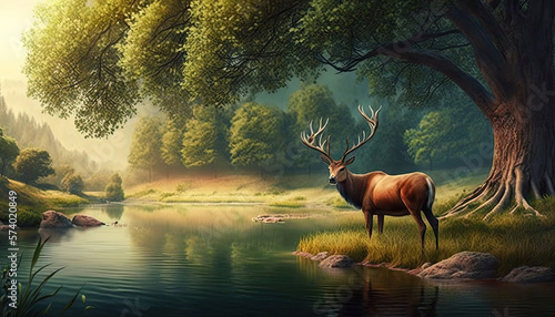 a deer stands by the river, idyllic, forest area photo