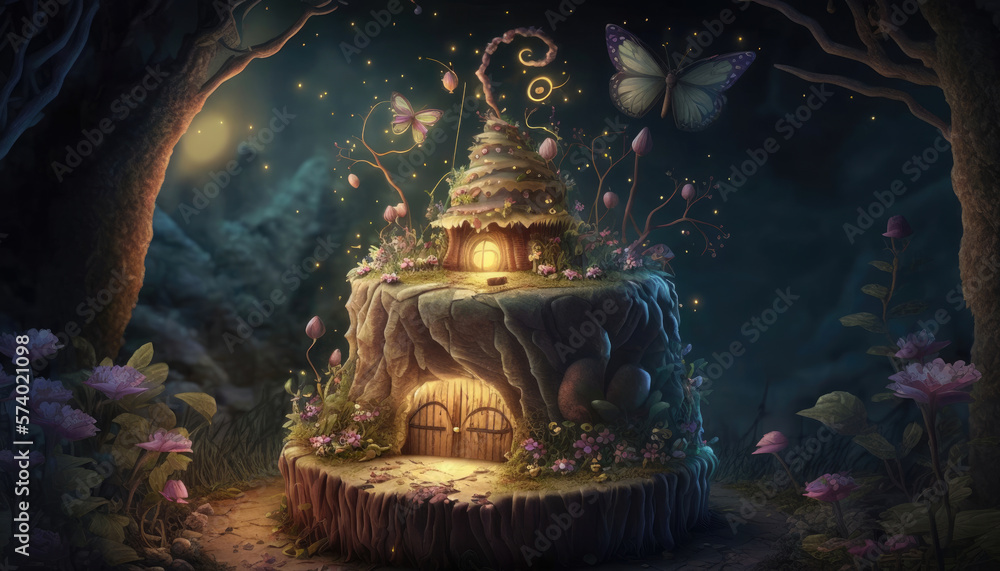 abstract building of little elves, in fairy forest, butterfly