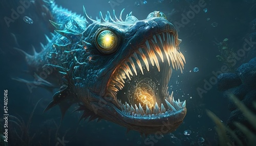 Mythical Sea Monster Roams the Underwater World with Razor-Sharp Teeth, AI Generative