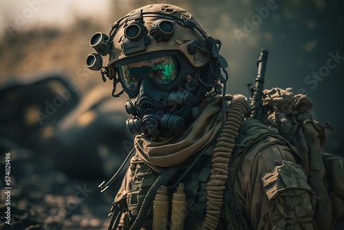 Masked and armed Soldier, camouflage uniform - created with Generative AI technology