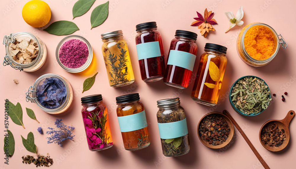 a table topped with jars filled with different types of spices. generative ai a table topped with jars filled with different types of spices. generative ai