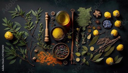  a table topped with lots of different types of spices and herbs.  generative ai