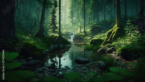 forest overgrown with moss, small stream flowing through, swamp
