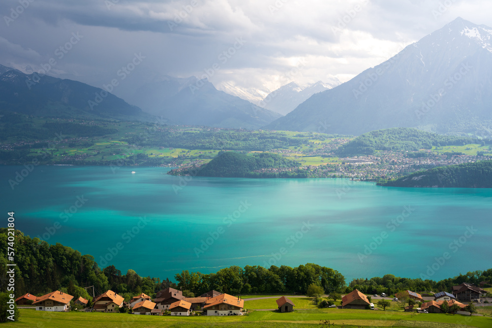 view on Lake Thun and Alps in Switzerland