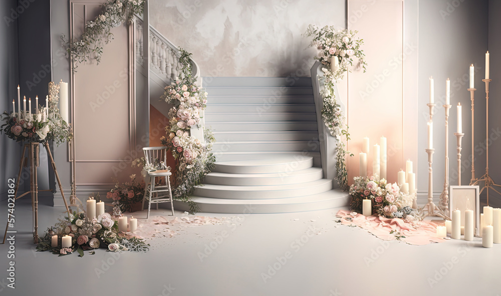  a set of stairs with a bunch of flowers and candles.  generative ai - obrazy, fototapety, plakaty 