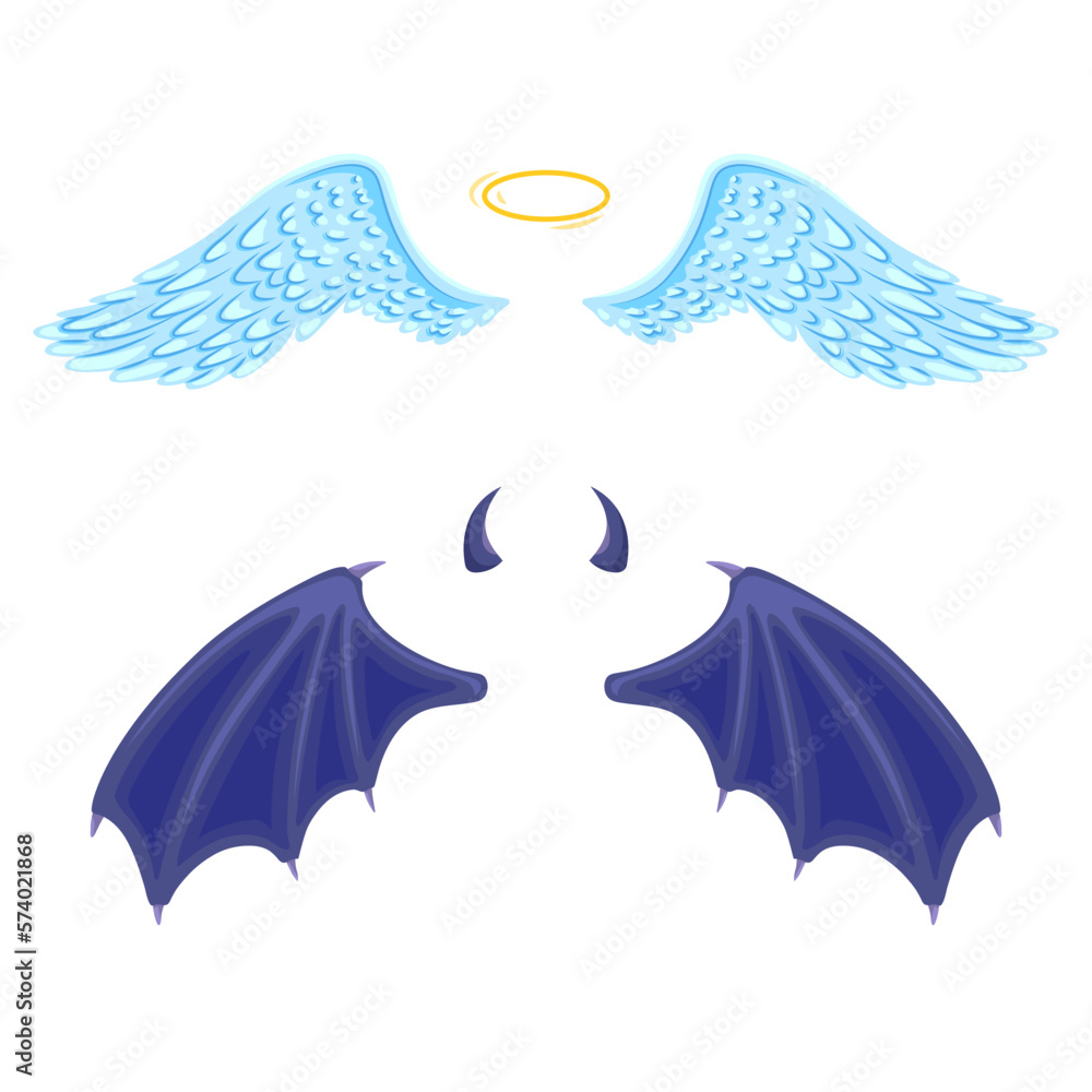 Vector angel and daemon wings set. Leathery wings of devil and angel fiends flying wide open with halo and horns and claws. Hand drawn Halloween festival holiday isolated illustration Vector angel and daemon wings set. Leathery wings of devil and angel fiends flying wide open with halo and horns and claws. Hand drawn Halloween festival holiday isolated illustration