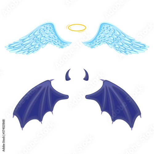 Vector angel and daemon wings set. Leathery wings of devil and angel fiends flying wide open with halo and horns and claws. Hand drawn Halloween festival holiday isolated illustration