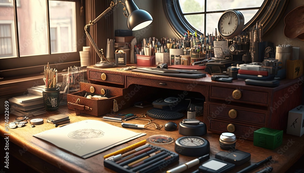 a desk with a lot of items on it and a large window. generative ai a desk with a lot of items on it and a large window. generative ai