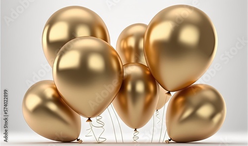  a bunch of gold balloons are in the air with a white background. generative ai