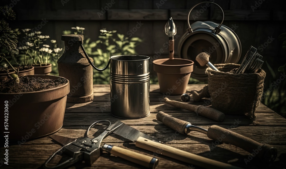 a wooden table topped with potted plants and gardening utensils. generative ai a wooden table topped with potted plants and gardening utensils. generative ai