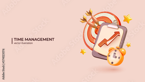 3d Project Time Management and Effective Planning Concept. Realistic 3d design of Work organizer, daily plan or Project manager tools in cartoon minimal style. Vector illustration