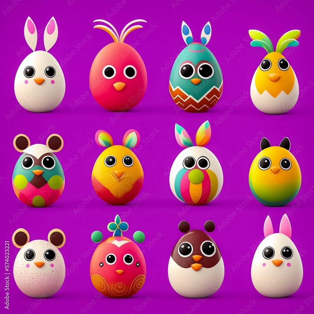 Purple Passion: Cute Animal-Shaped Eggs on a Vibrant Purple Background for Easter - AI Generated