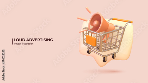 3d megaphone speaker advertising concept. Realistic 3d design of loudspeaker bullhorn for announce promotion and announcement in cartoon minimal style. Vector illustration