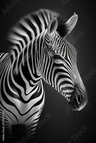  a black and white photo of a zebra s head.  generative ai