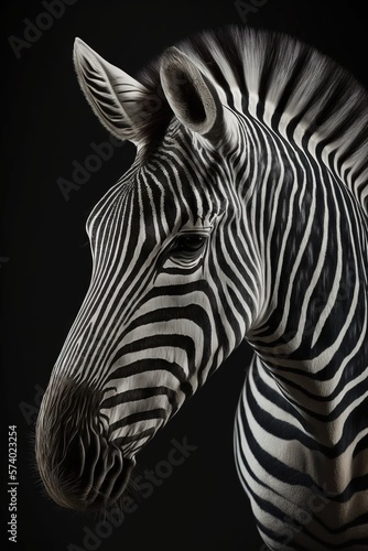  a close up of a zebra s head on a black background.  generative ai
