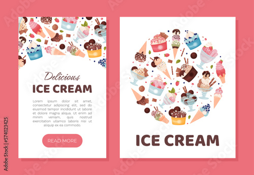 Tasty Ice Cream Banner Design with Frozen Dessert in Waffle Cone and Cup Vector Template