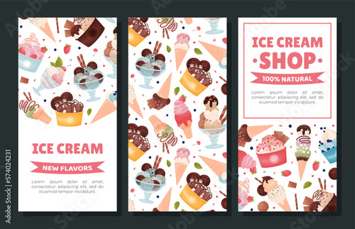Tasty Ice Cream Banner Design with Frozen Dessert in Waffle Cone and Cup Vector Template